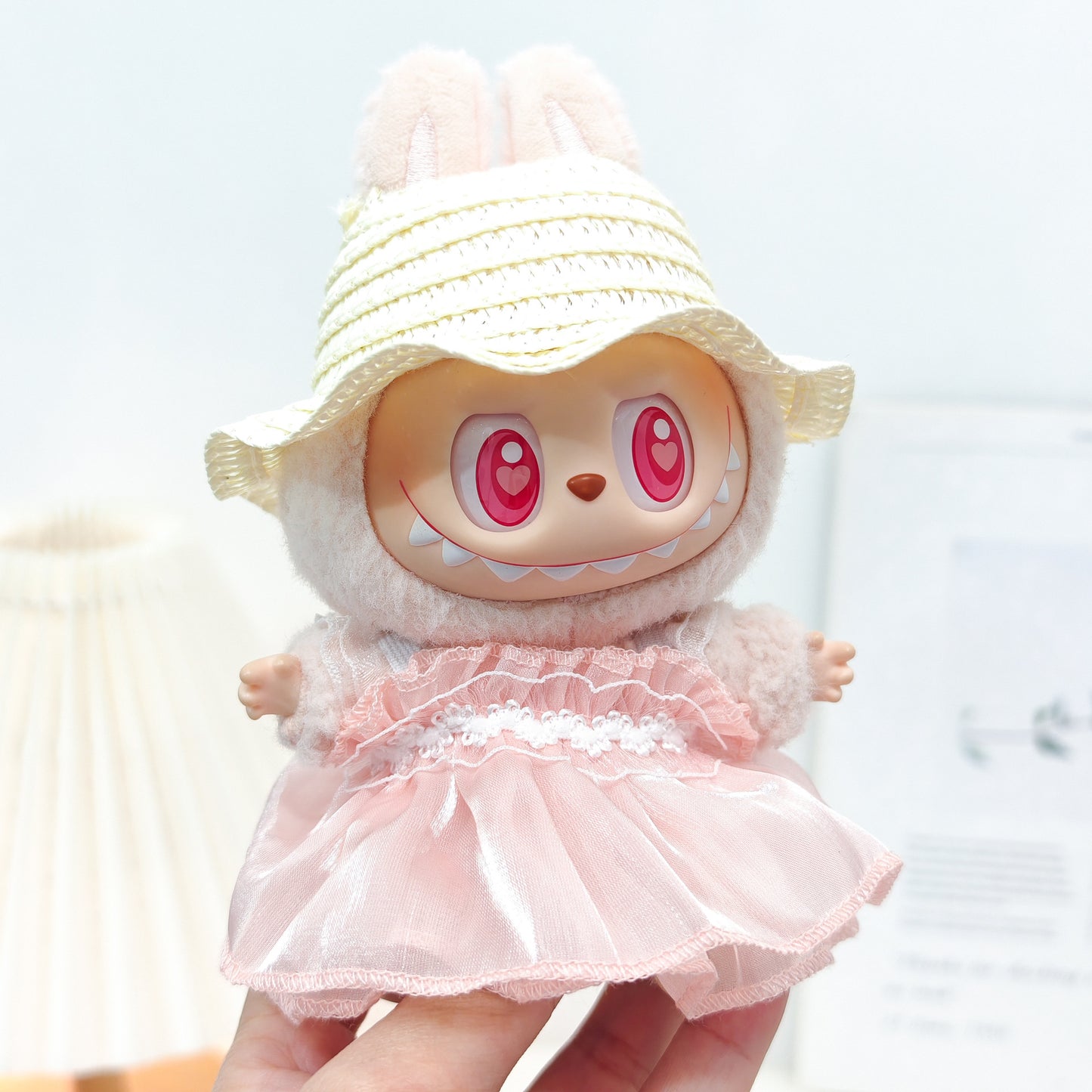 Labubu Doll Outfit - Pink, Purple, White Double Layer Gauze Skirt with Pearl Hair Accessories & Straw Hats
