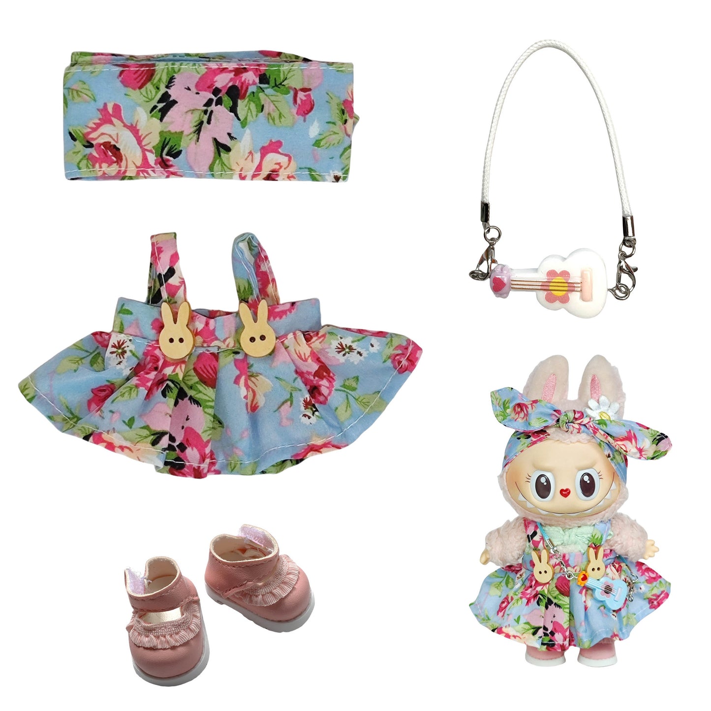 Labubu Doll Floral Skirt Outfit with Headband & Shoes for 1st/2nd Gen