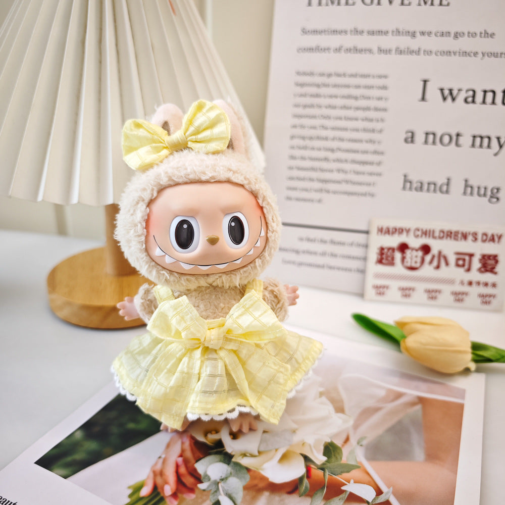 Labubu Doll Outfit - 17cm Plaid Suspenders Skirt & Headband Set