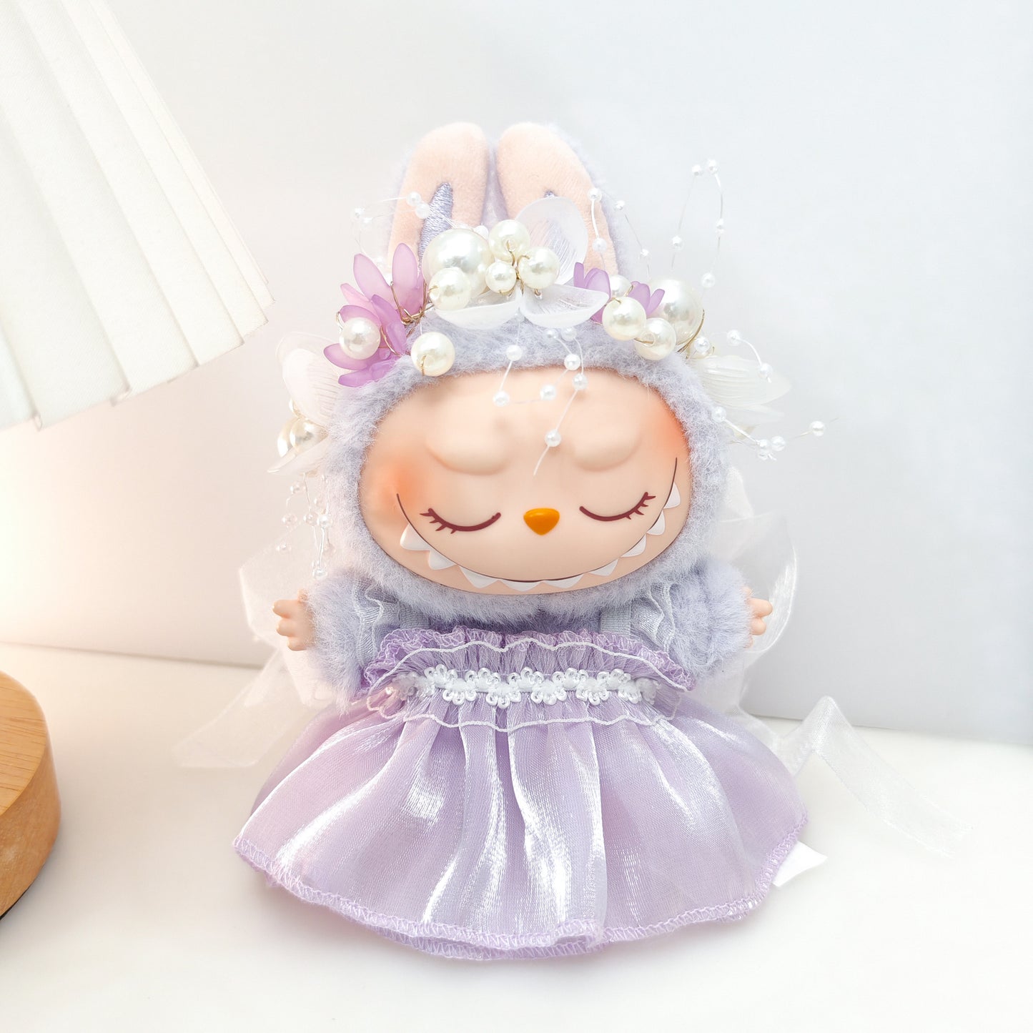 Labubu Doll Outfit - Pink, Purple, White Double Layer Gauze Skirt with Pearl Hair Accessories & Straw Hats