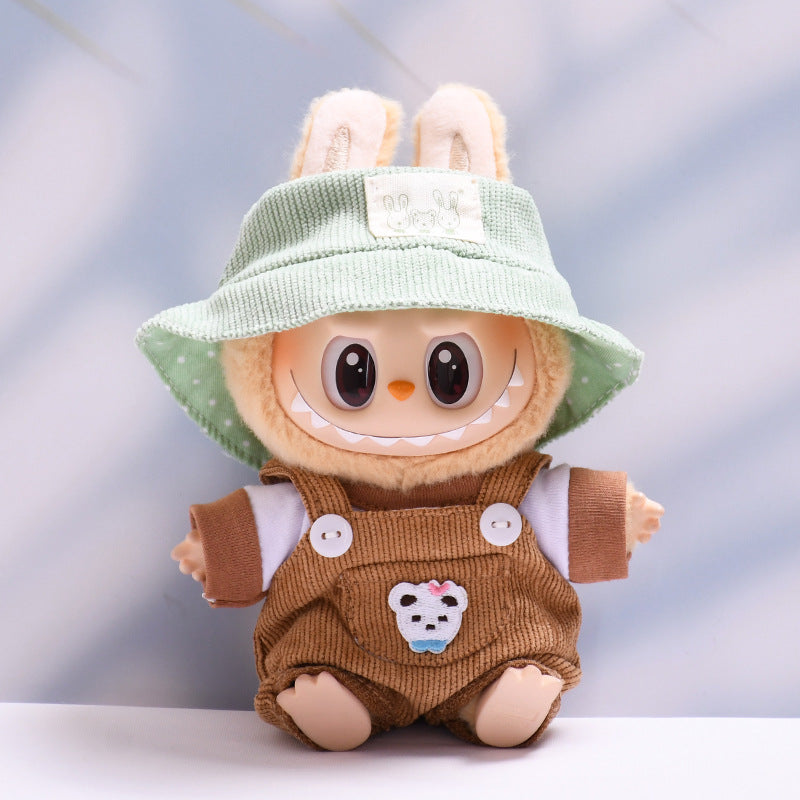 Labubu Doll Outfit - Pink, Yellow, Blue, Purple, Brown Overalls with T-Shirt & Hat