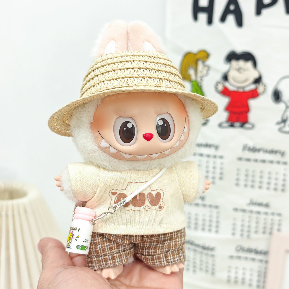 Labubu Doll Summer Outfit Set with Straw Hat & Canvas Shoes