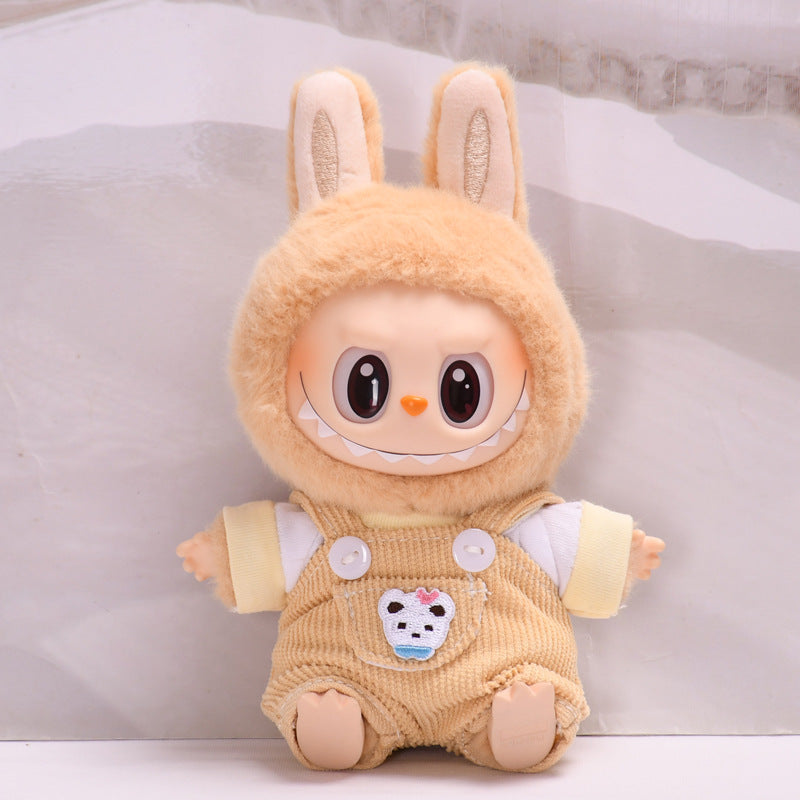 Labubu Doll Outfit - Pink, Yellow, Blue, Purple, Brown Overalls with T-Shirt & Hat