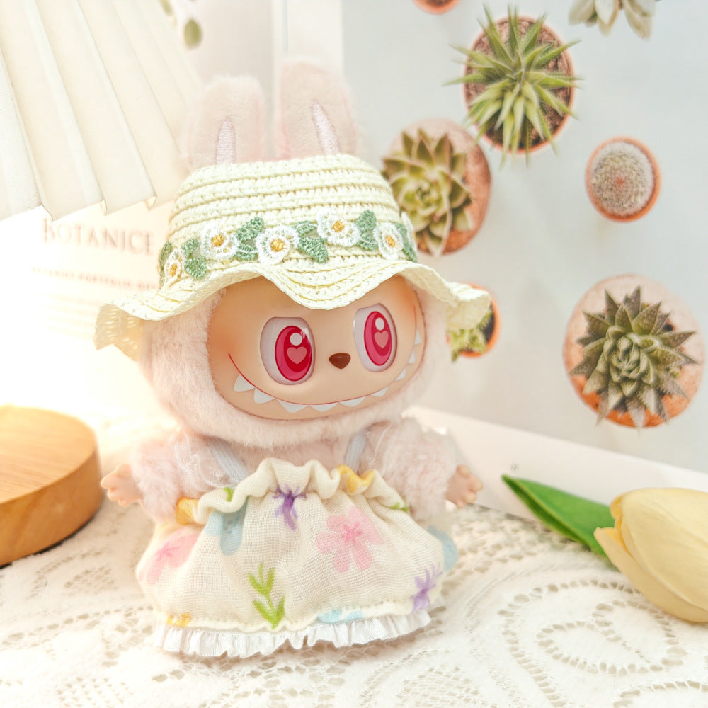 Labubu Doll Floral Dress & Straw Hat Outfit for 1st & 2nd Gen Pendants