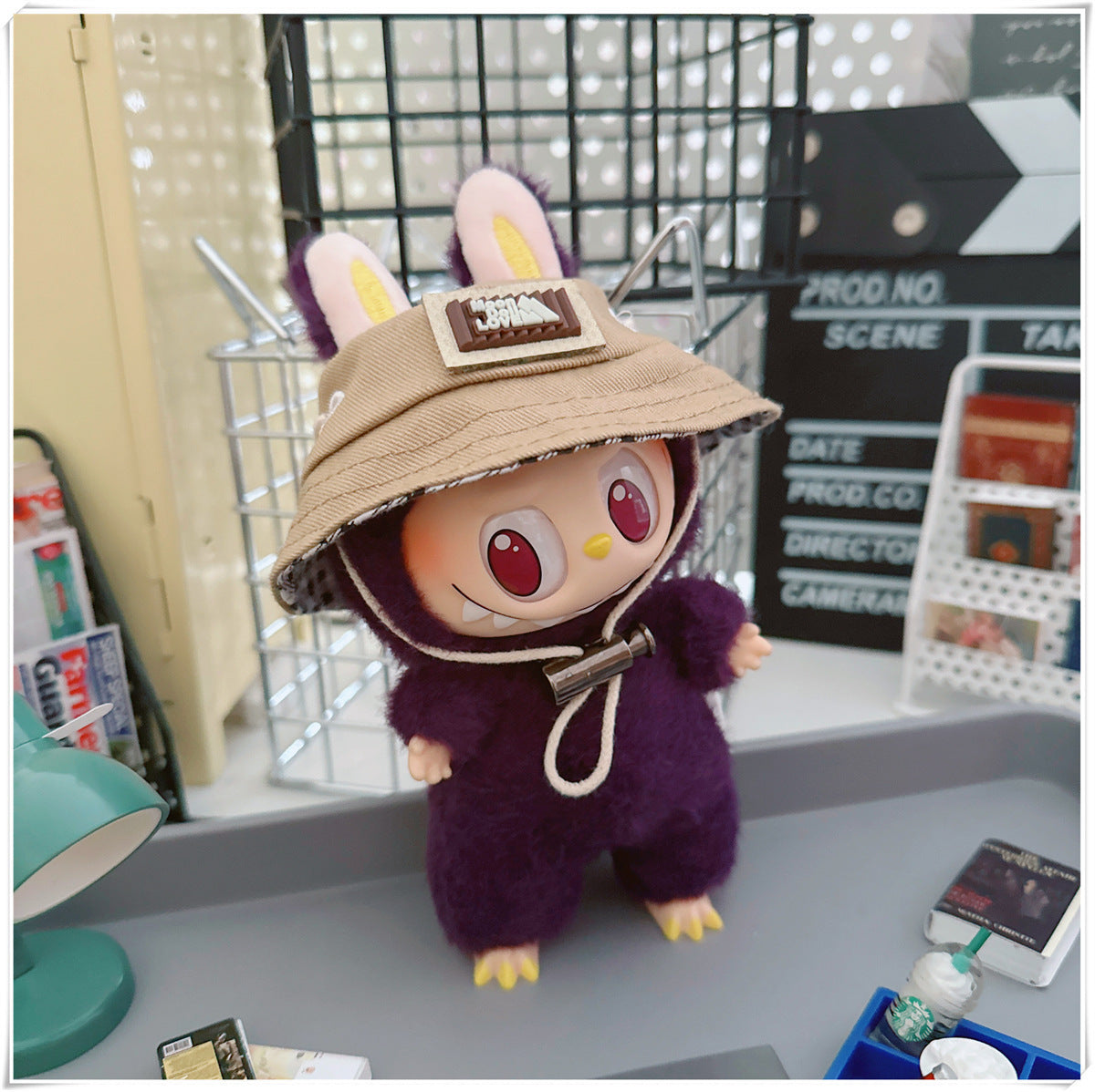 Labubu Doll Outfit - Stylish Denim Overalls & Checkered Bucket Hat for 17cm & 10cm Labubu