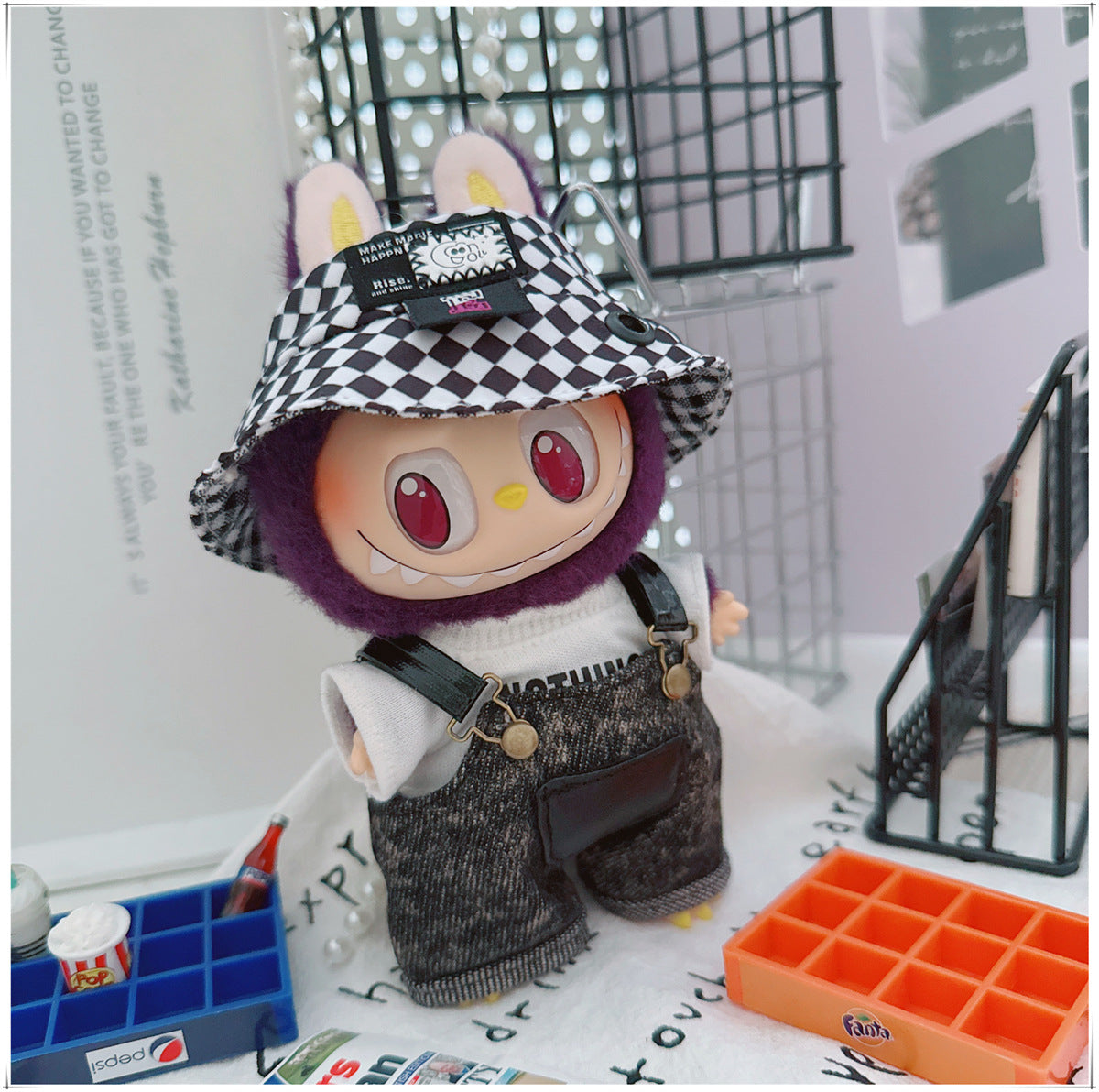 Labubu Doll Outfit - Stylish Denim Overalls & Checkered Bucket Hat for 17cm & 10cm Labubu