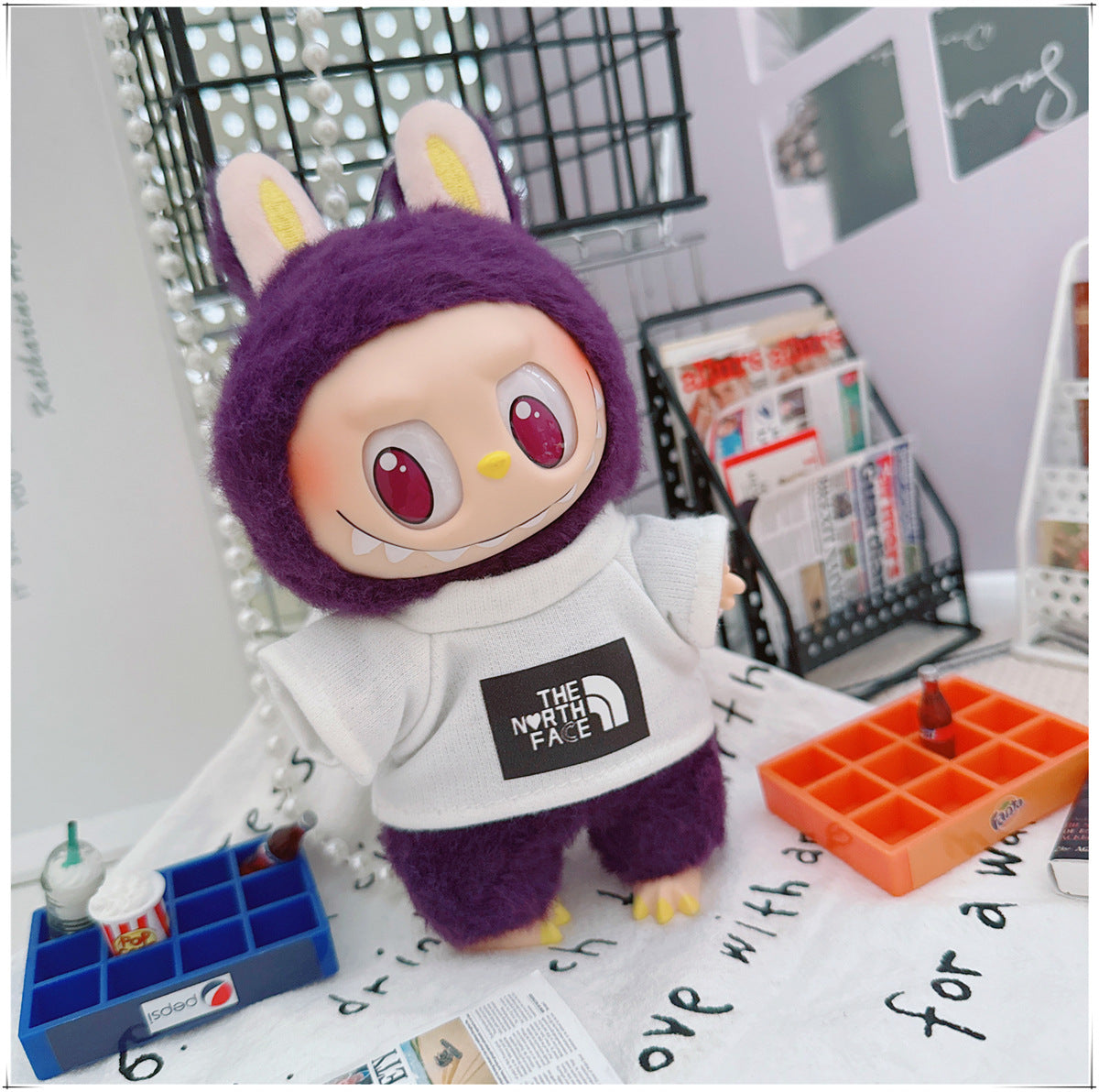Labubu Doll Outfit - Stylish Denim Overalls & Checkered Bucket Hat for 17cm & 10cm Labubu