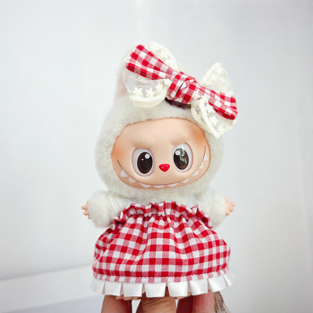 Labubu Doll Outfit - Red Plaid Skirt & Straw Hat for 17cm Vinyl Doll
