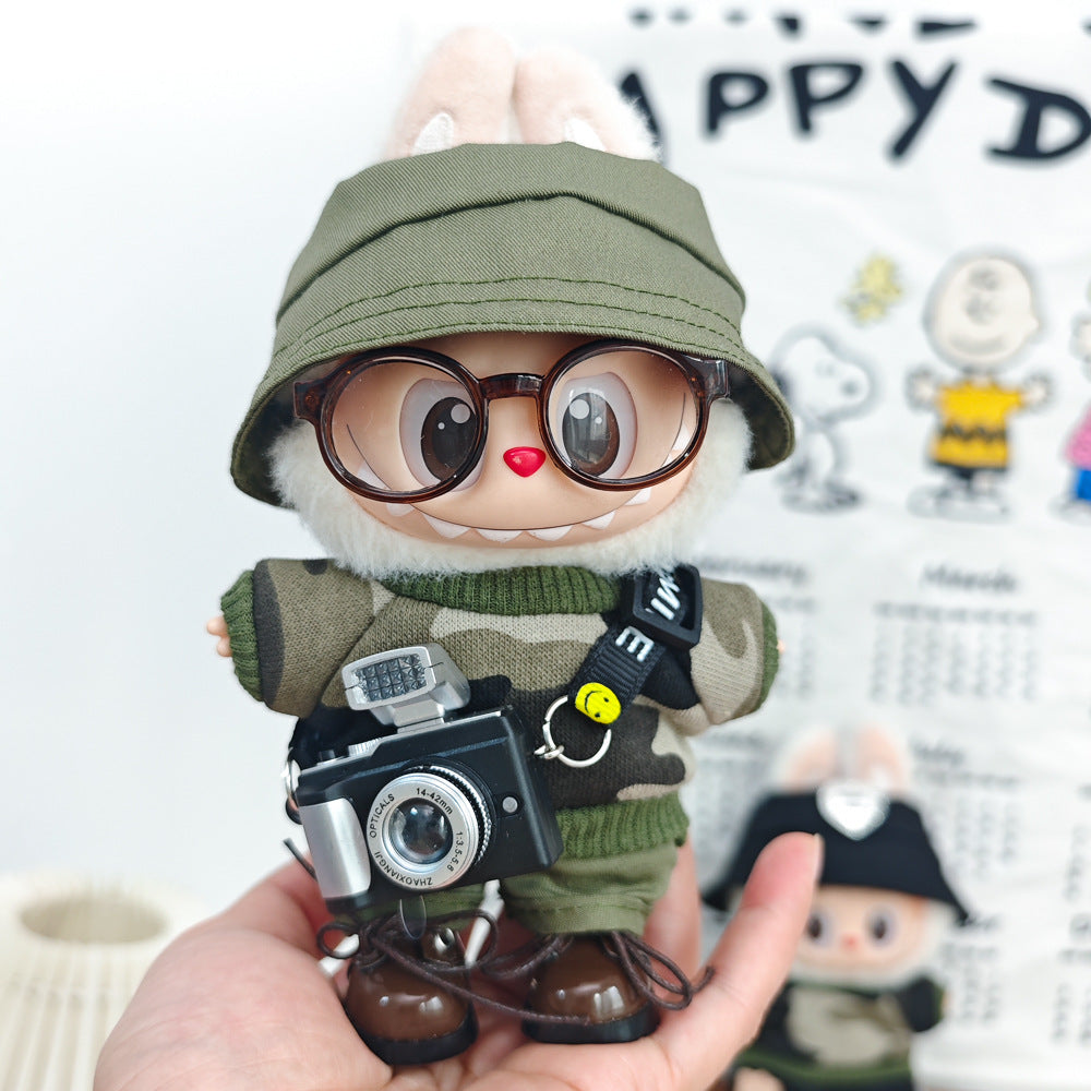 Labubu 17cm Doll Camouflage Outfit with Fisherman Hat & Accessories