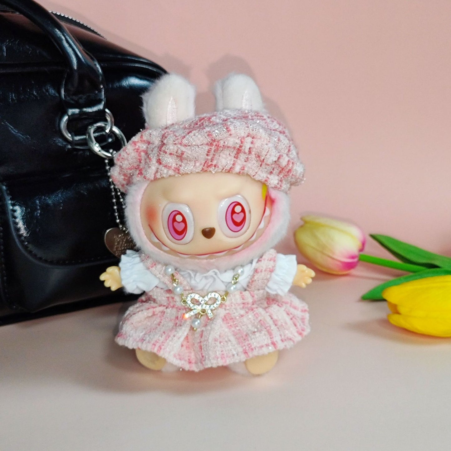 Labubu Doll Dress Outfit - Gold Silk Skirt & Beret for 1st/2nd Gen
