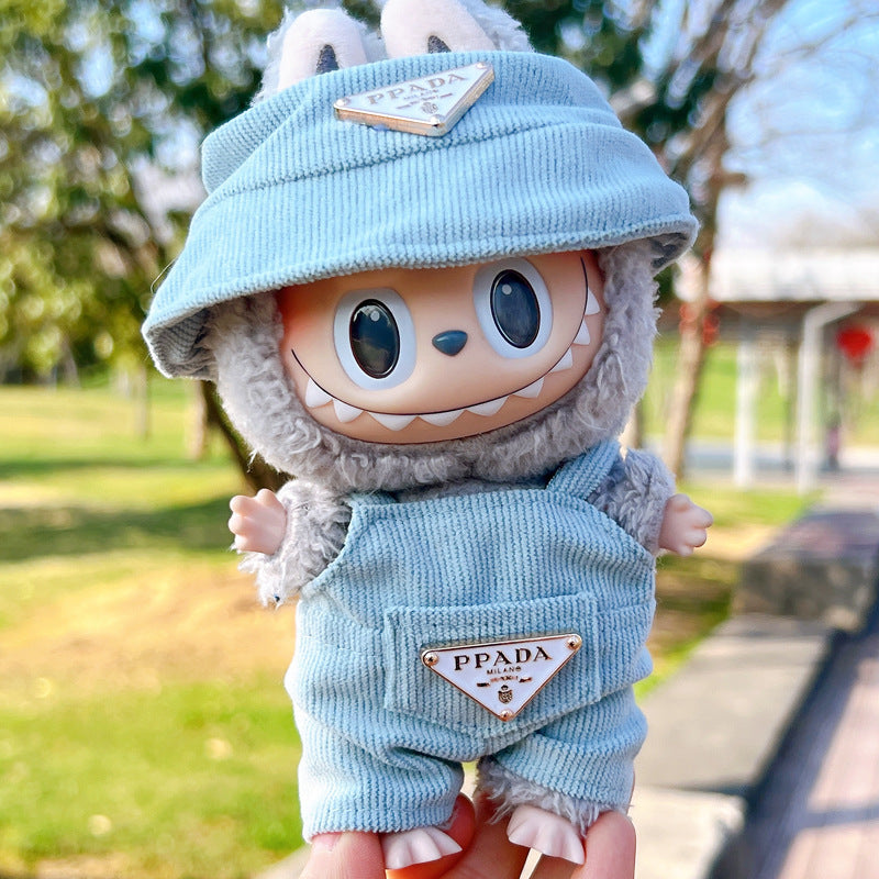 17cm Labubu First and Second Generation Labubu Sitting Party Vinyl Doll Big Brand Overalls Hat Set Replacement
