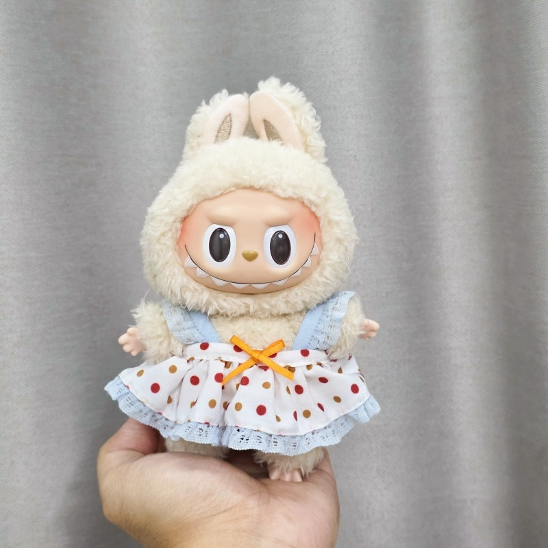 First, Second, and Third Generation Labubu Sitting Party Doll Clothes Cola Labubu Vinyl Clothes Fisherman Hat Overalls Set