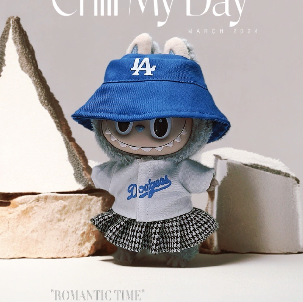 Labubu Doll Outfit Set - Blue Hat, T-Shirt & Plaid Skirt