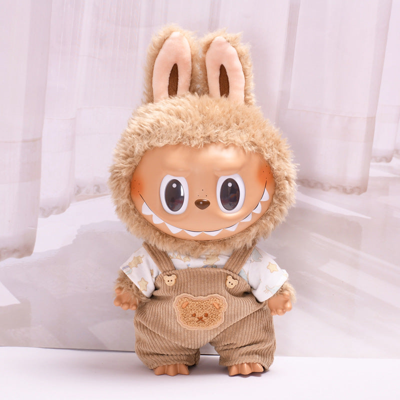 Labubu Doll Outfit - Grey Striped T-Shirt & Brown Bear Suspenders for 38cm Doll
