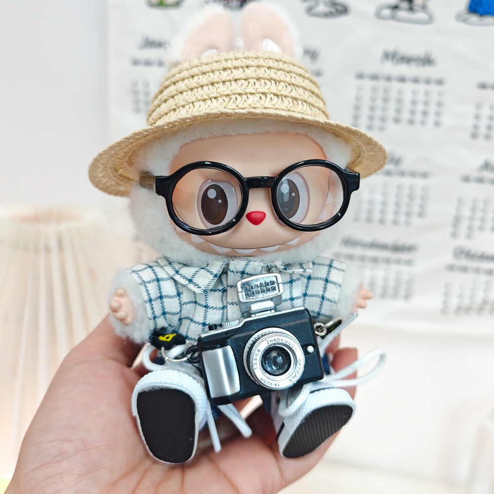 17cm Labubu Doll LABUBU Sit Party Second and Third Generation Vinyl Doll Clothes Plaid Shirt suit Hat