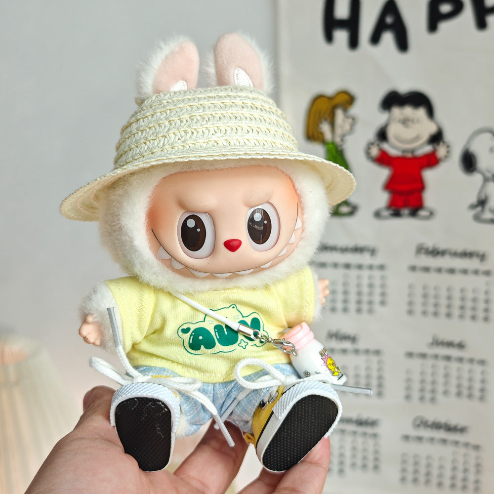 Labubu Doll Summer Outfit Set with Straw Hat & Canvas Shoes