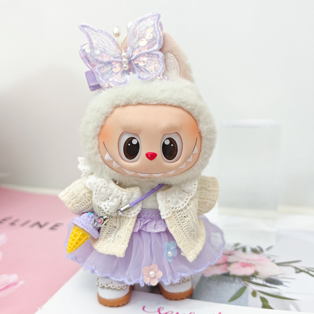 Labubu Doll Outfit - Purple Fairy Skirt & Beige Cardigan for 15-17cm Vinyl Dolls
