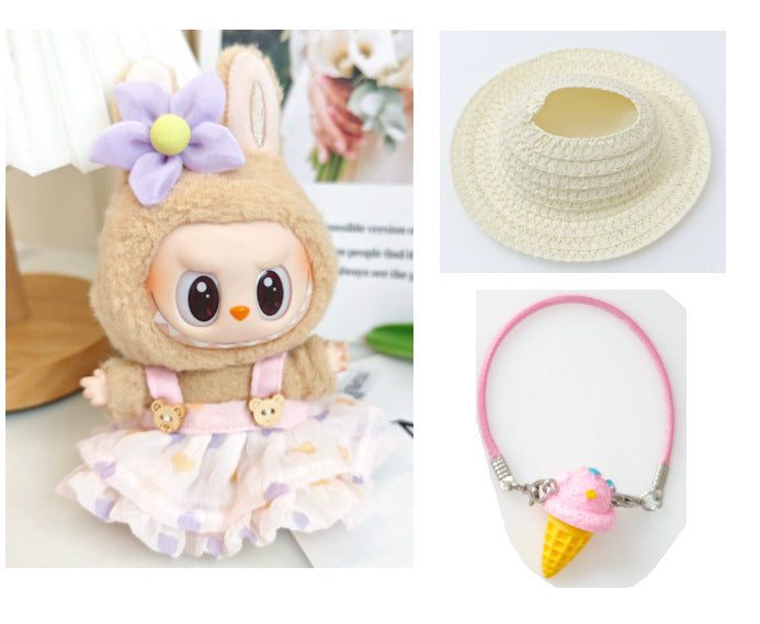 Labubu Doll Summer Outfit with Straw Hat & Accessories for 15cm Vinyl Doll