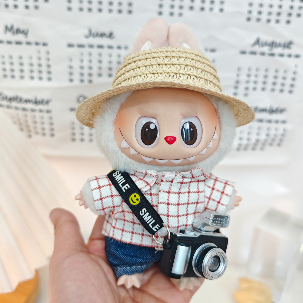 17cm Labubu Doll LABUBU Sit Party Second and Third Generation Vinyl Doll Clothes Plaid Shirt suit Hat