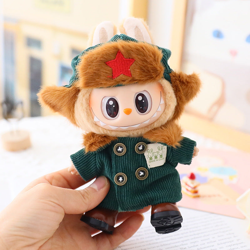 17cm Rab cloth doll first and second generation sitting party labubu doll blind box pendant military coat clothes shoes and hats