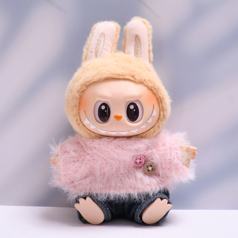 Labubu Doll Outfit - Furry Button Top & Denim Skirt/Jeans for 2nd Gen Pendant