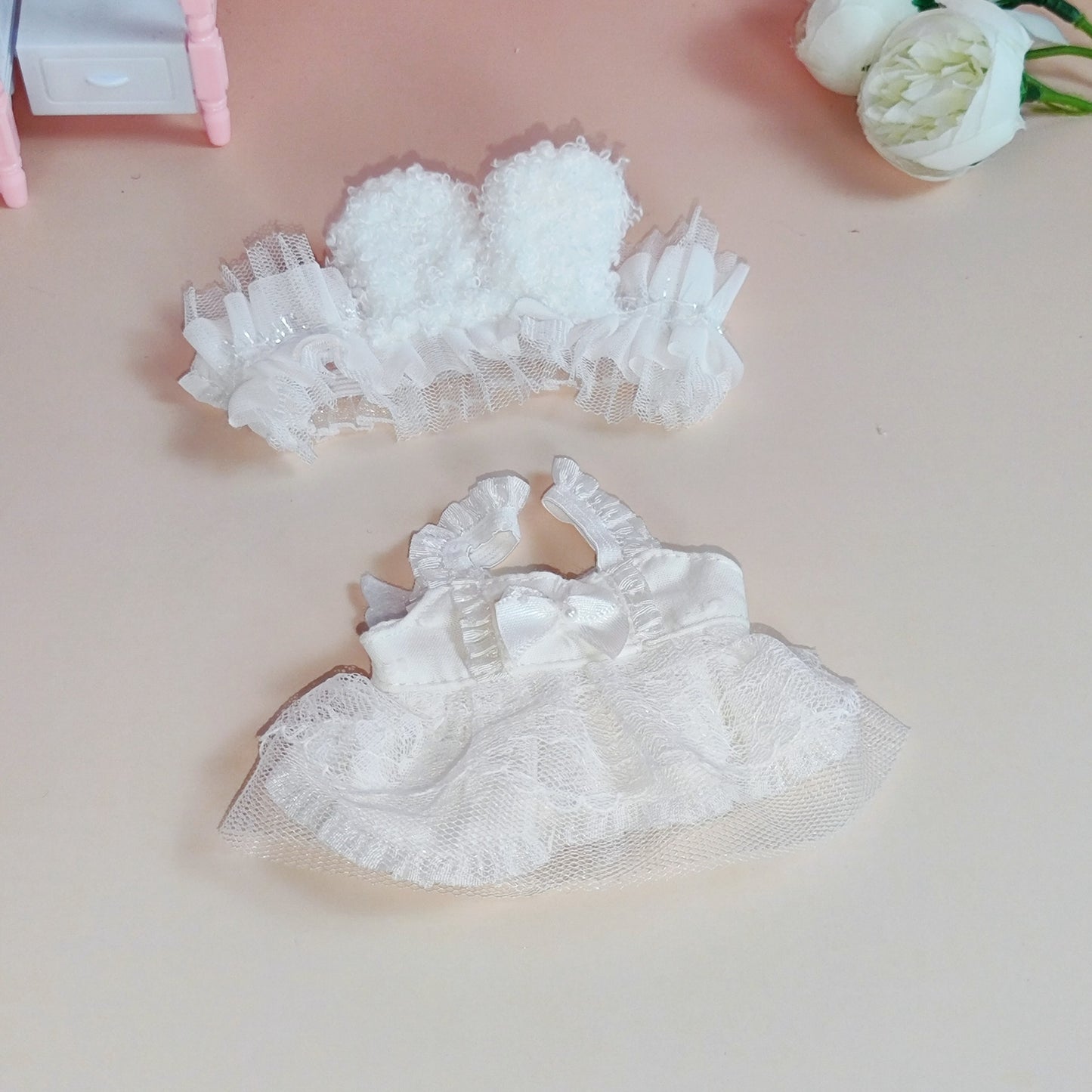 Labubu Doll Maid Outfit Set for 17cm Pendant Doll - Pink & White