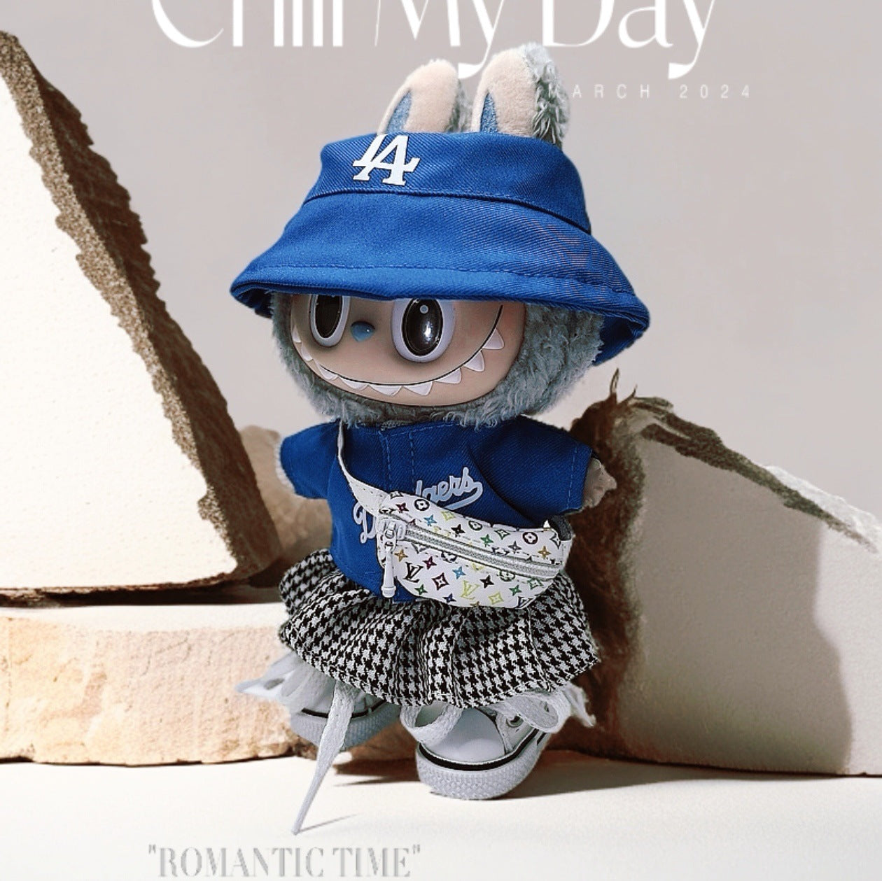 Labubu Doll Outfit Set - Blue Hat, T-Shirt & Plaid Skirt