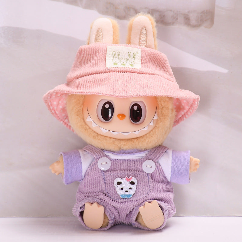 Labubu Doll Outfit - Pink, Yellow, Blue, Purple, Brown Overalls with T-Shirt & Hat