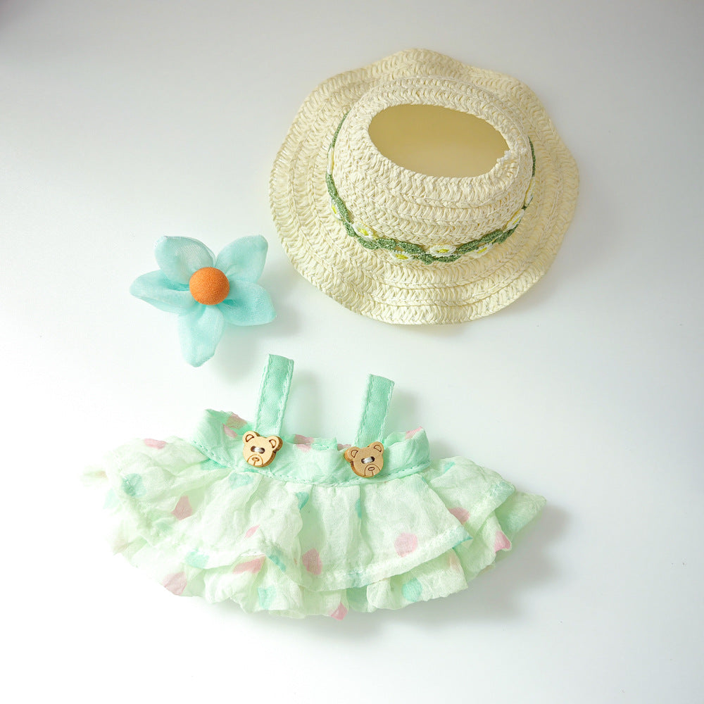 Labubu Doll Summer Outfit with Straw Hat & Accessories for 15cm Vinyl Doll