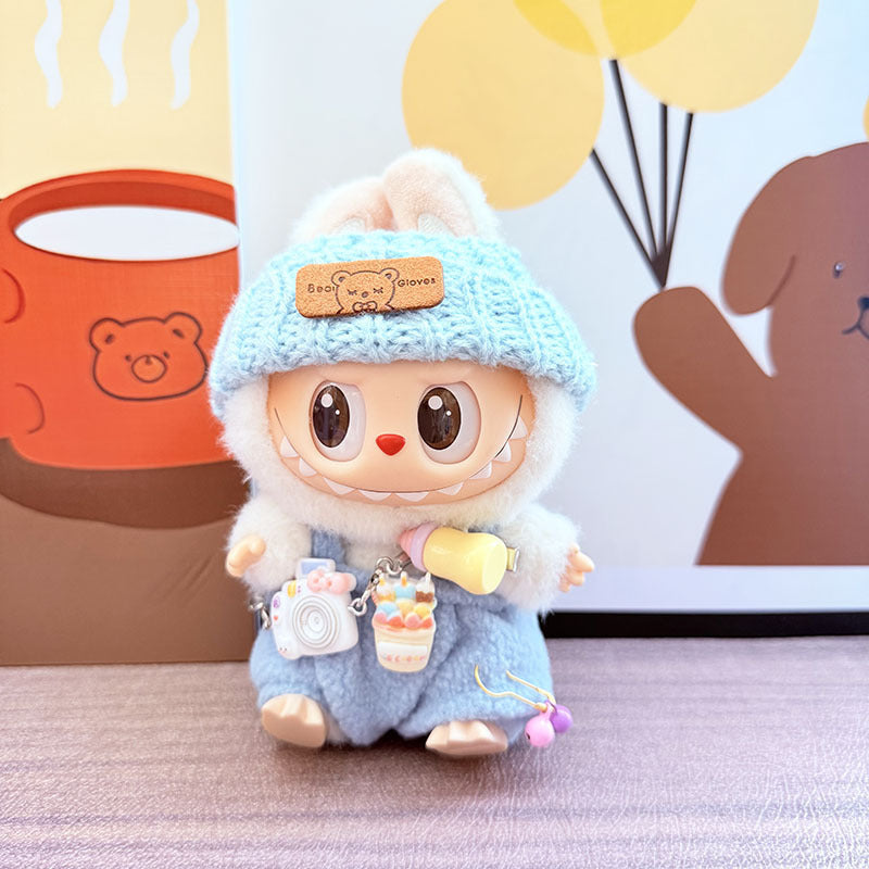 Labubu Doll Overalls Set with Baby Bottle & Hat - Cute Outfit for 1st & 2nd Gen