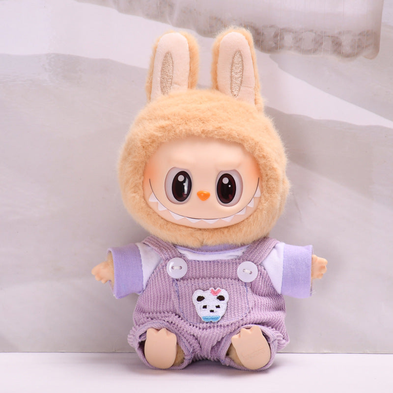 Labubu Doll Outfit - Pink, Yellow, Blue, Purple, Brown Overalls with T-Shirt & Hat