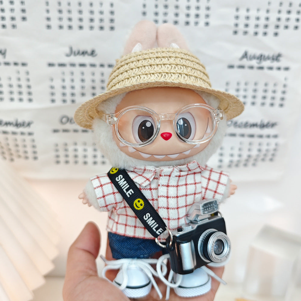 17cm Labubu Doll LABUBU Sit Party Second and Third Generation Vinyl Doll Clothes Plaid Shirt suit Hat