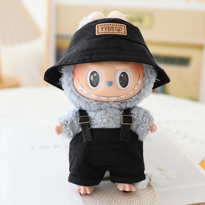 The first and second generation labubu sit party doll clothes the third generation cola vinyl blind box clothes fisherman hat suspenders pants suit