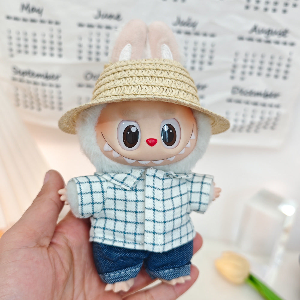17cm Labubu Doll LABUBU Sit Party Second and Third Generation Vinyl Doll Clothes Plaid Shirt suit Hat