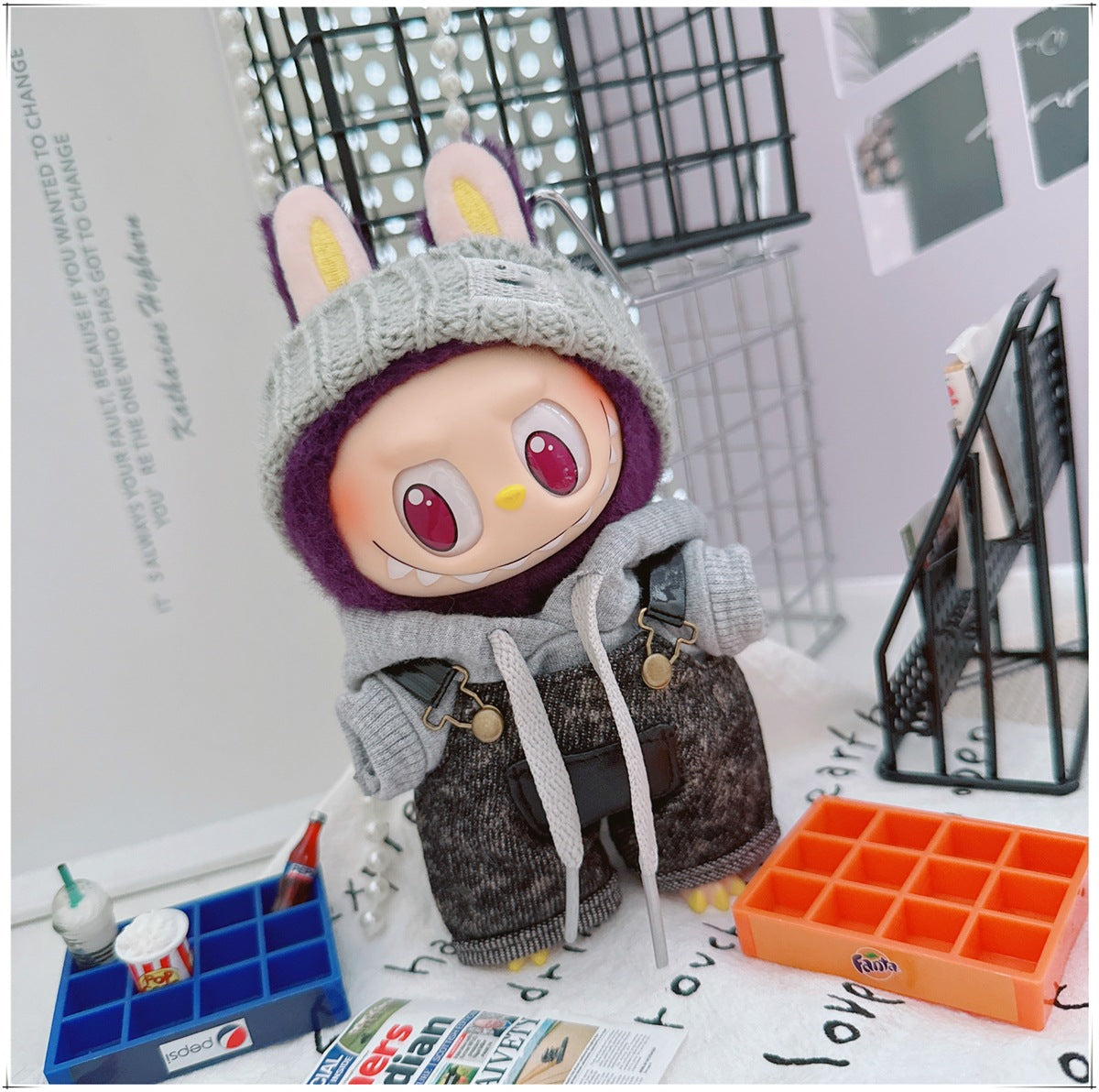 Labubu Doll Outfit - Stylish Denim Overalls & Checkered Bucket Hat for 17cm & 10cm Labubu
