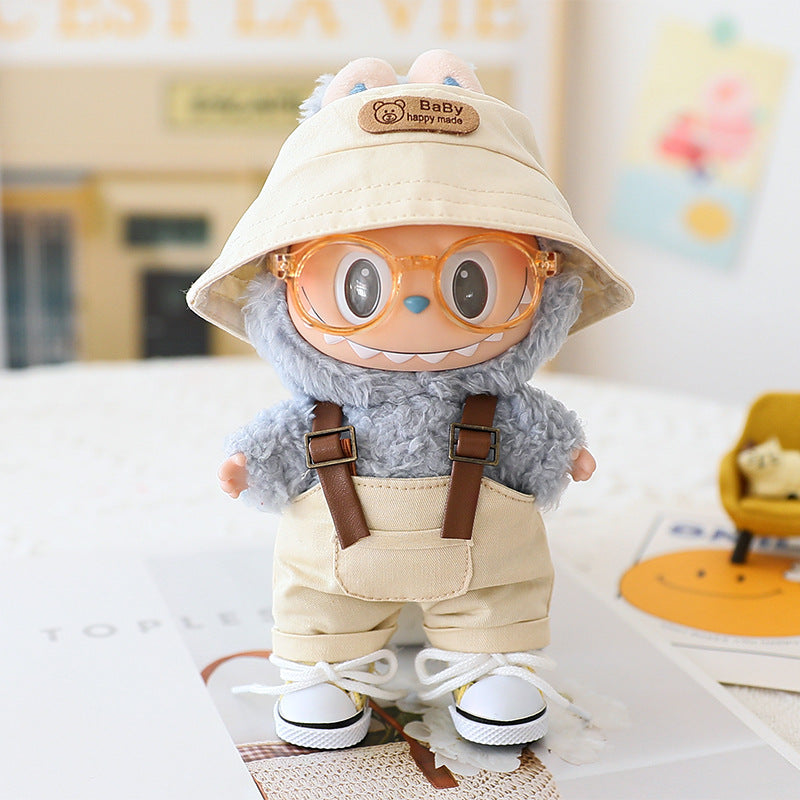 The first and second generation labubu sit party doll clothes the third generation cola vinyl blind box clothes fisherman hat suspenders pants suit