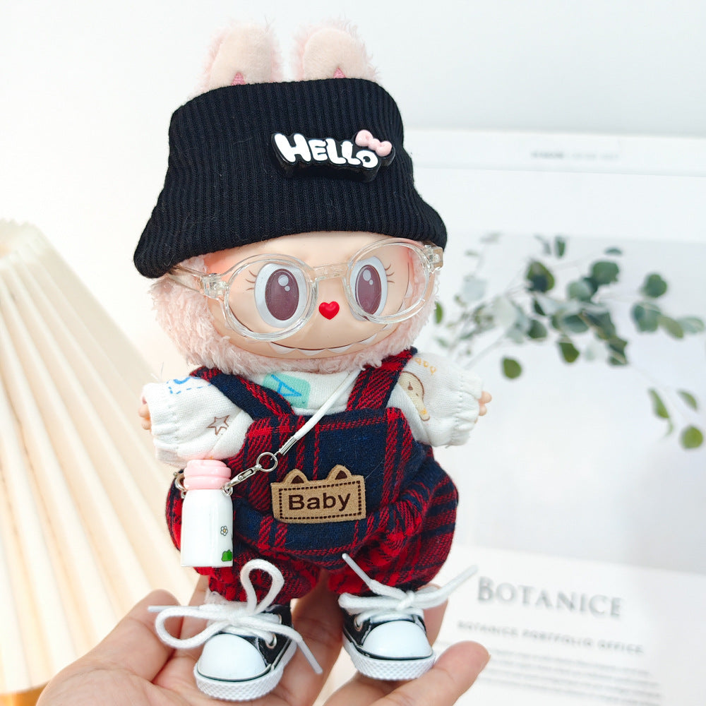 Labubu Doll Outfit - Red Plaid Overalls 3-Piece Set & Accessories