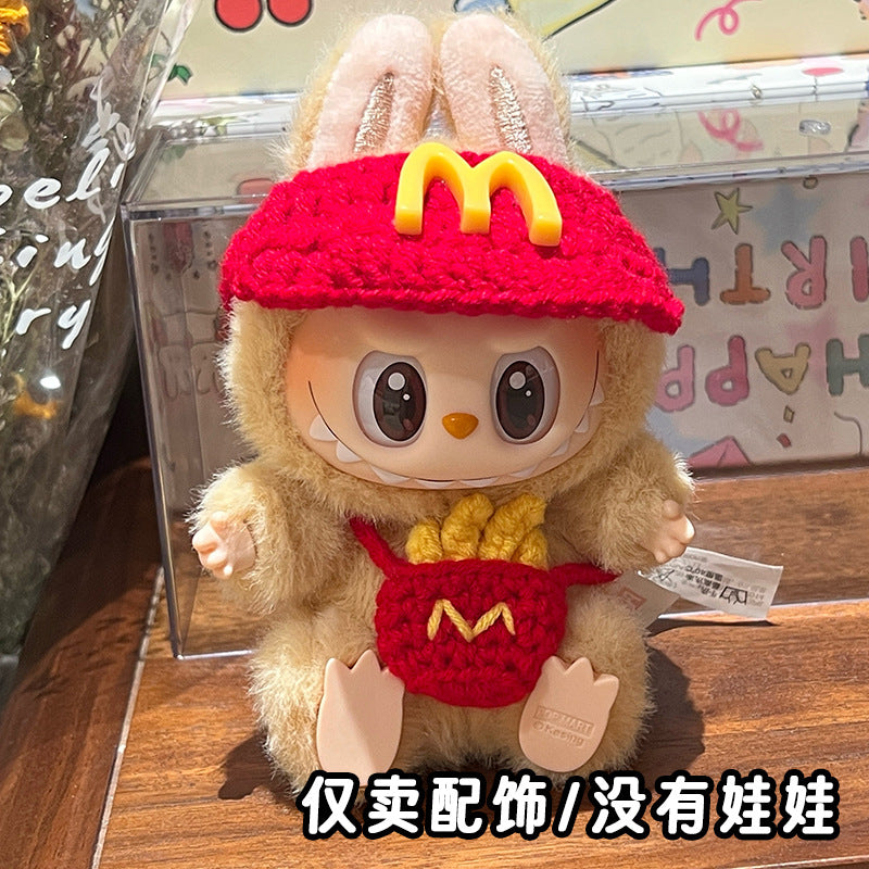Labubu Burger Set Hat Saliva Towel Doll Bib Crossbody Bag Doll Hood Decorative Woven Baby Clothes
