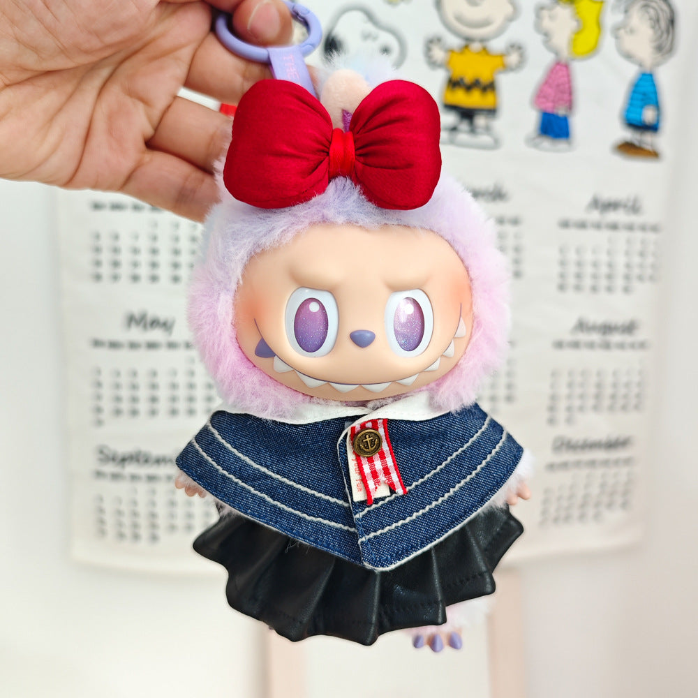 Labubu Doll Denim Shawl & Black Leather Skirt Outfit for 1st-3rd Gen Pendants