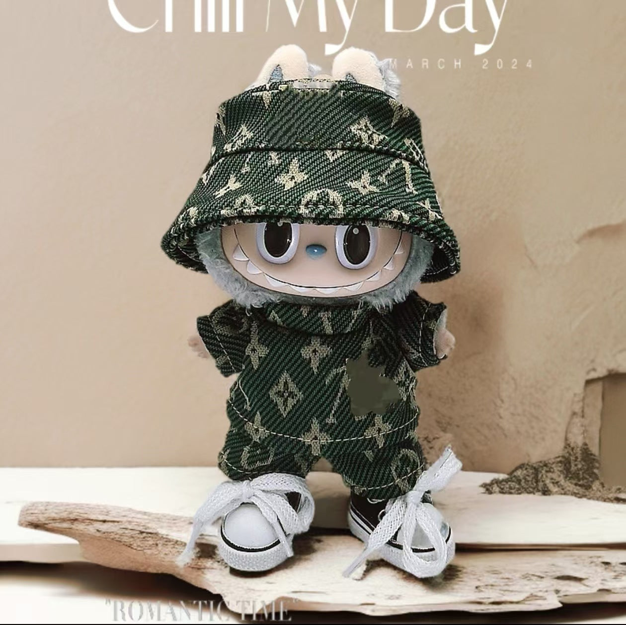 Labubu Doll Outfit - Green & Black Casual Dress Set with Hat & Bag