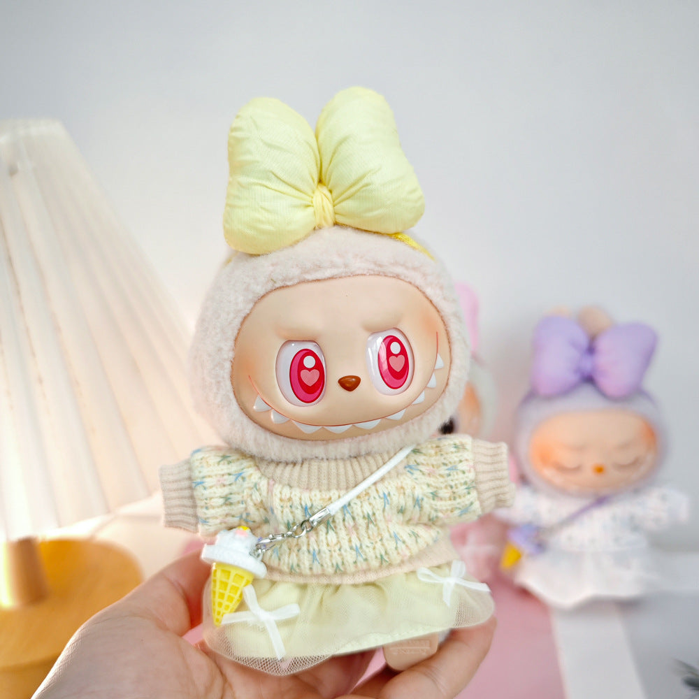 Labubu Doll Outfit Set - Knitted Sweater & Gauze Skirt with Bow Headband