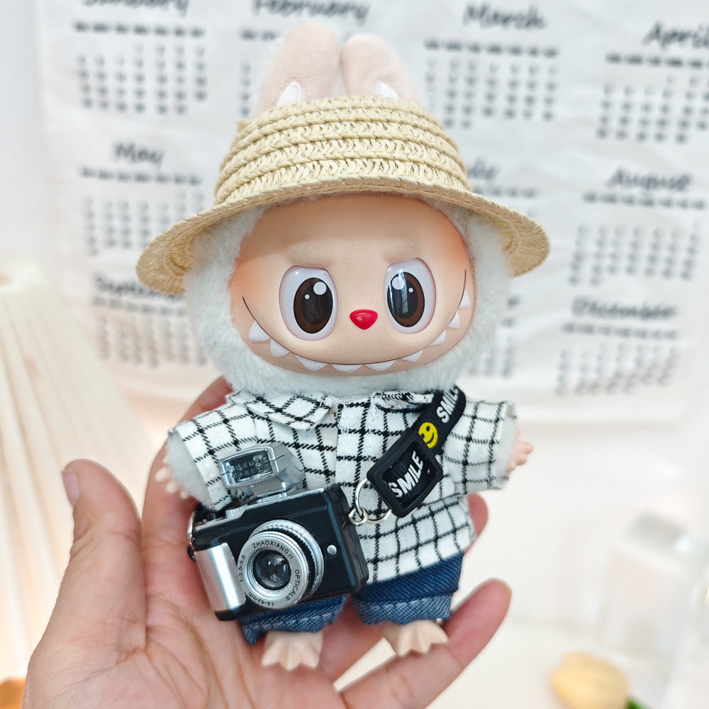 17cm Labubu Doll LABUBU Sit Party Second and Third Generation Vinyl Doll Clothes Plaid Shirt suit Hat