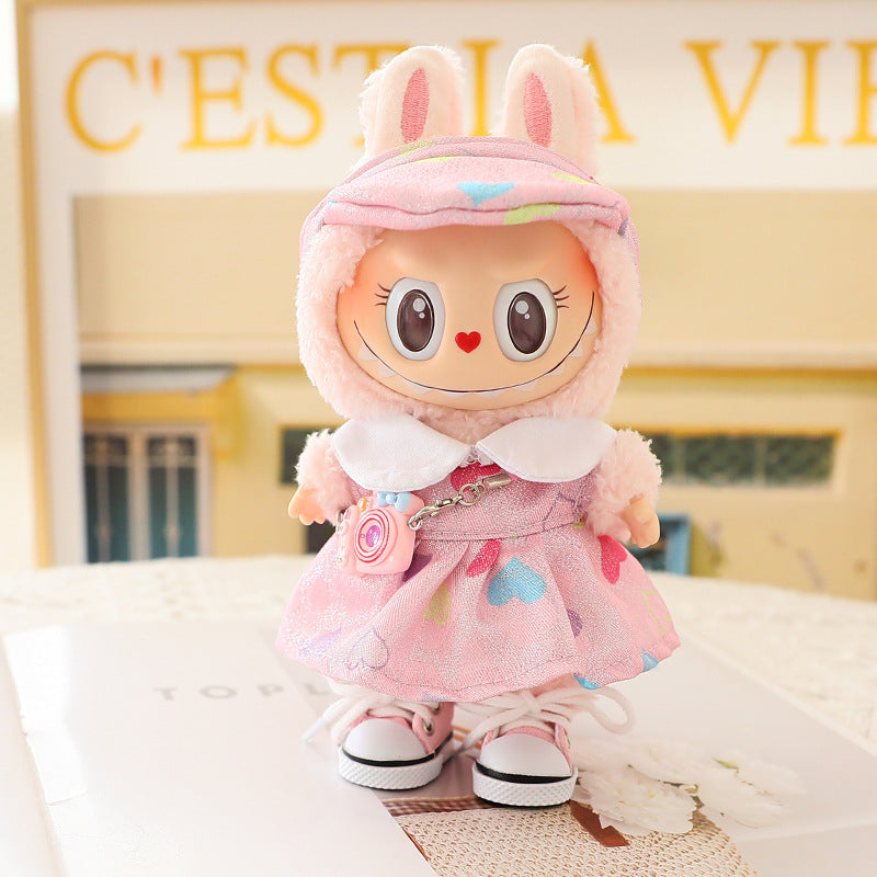 The second generation of Labubu doll clothes 17cm labubu love skirt clothes heart macaroon vinyl doll