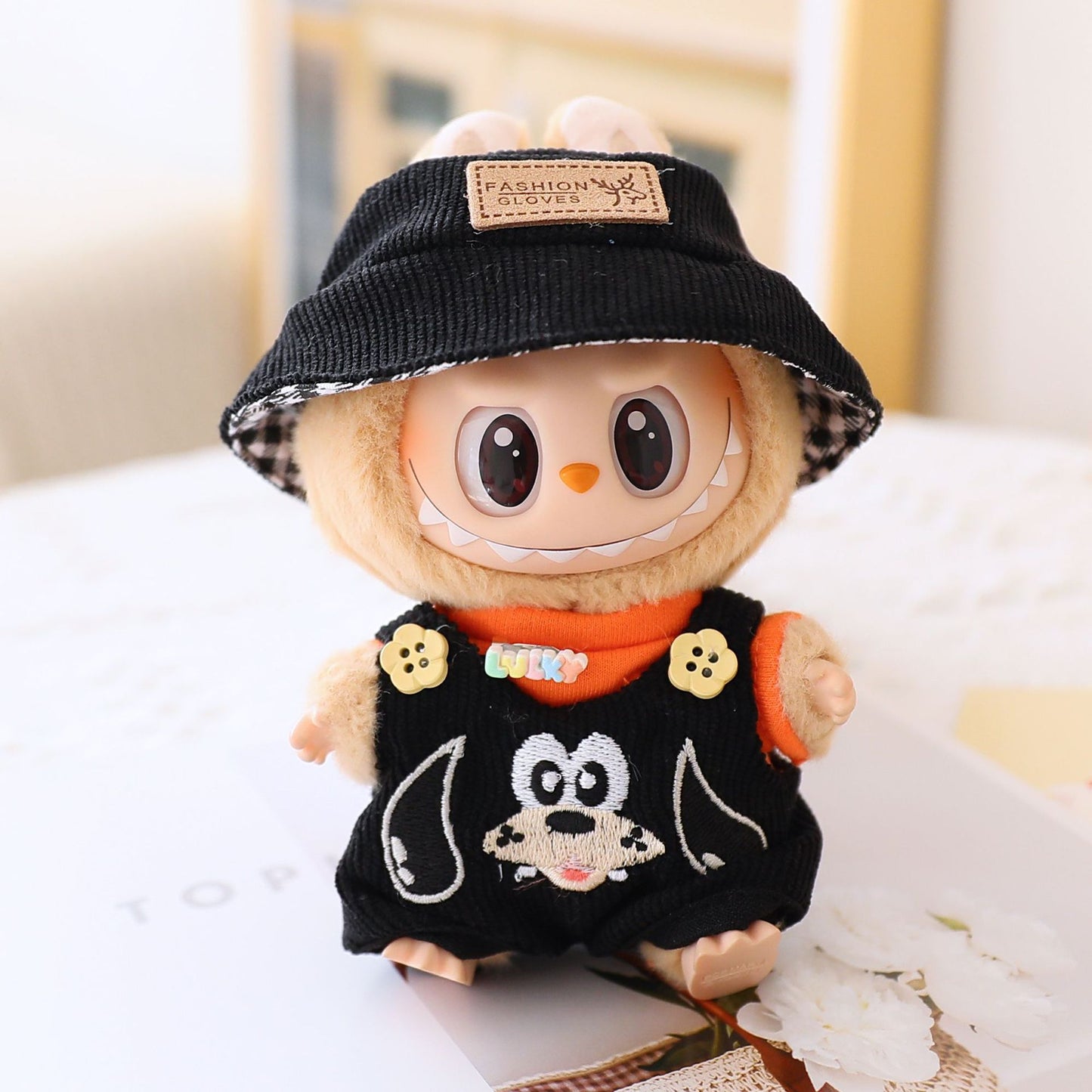 17cm labubu labubu blind box doll clothes second generation sitting party for cute suspenders suit