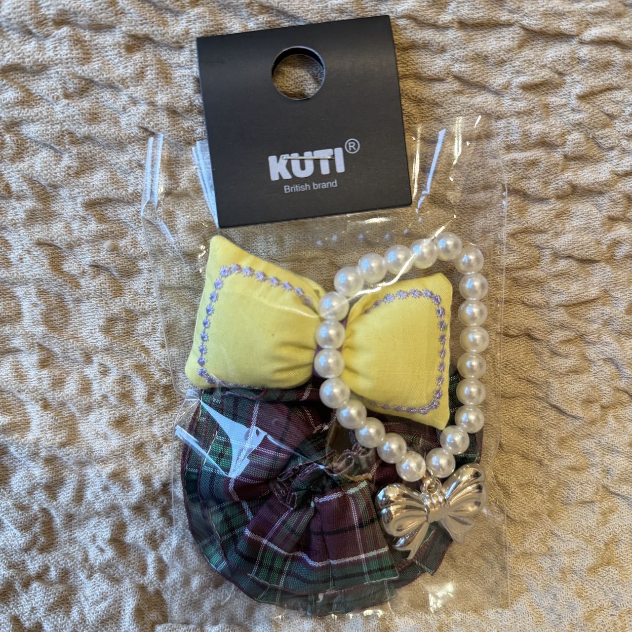 Labubu Doll Pearl Necklace Plaid Skirt with Bow - Cute Outfit