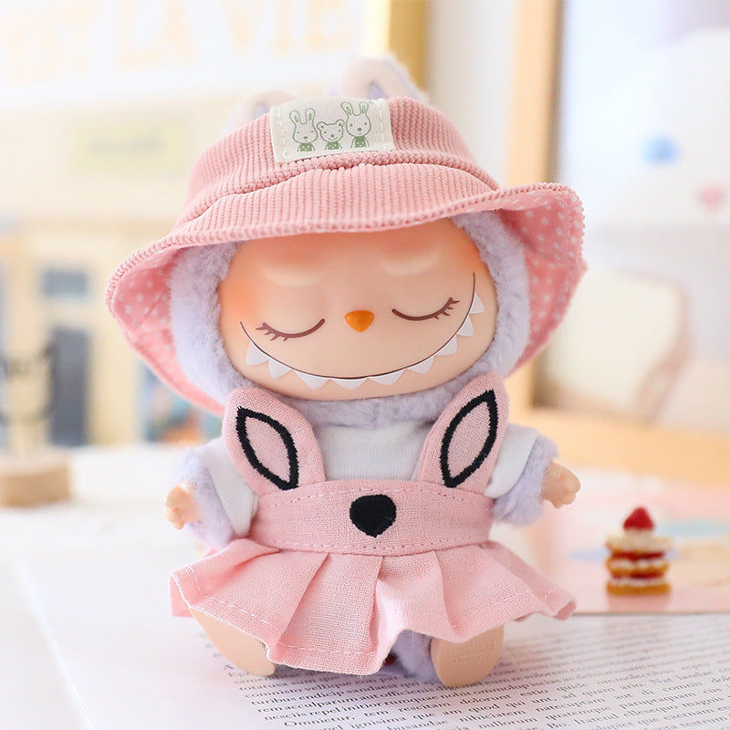 17cm Rab cloth doll first and second generation sitting party labubu doll blind box pendant military coat clothes shoes and hats