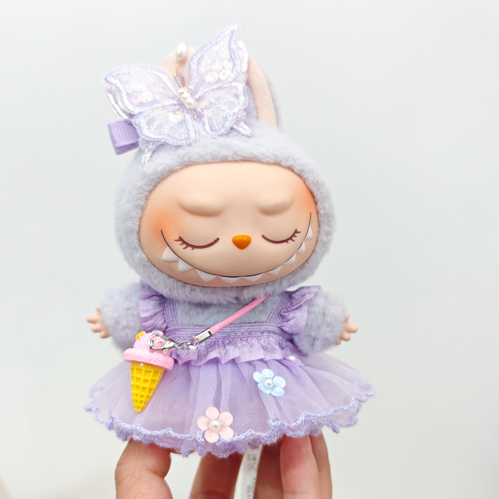 Labubu Doll Outfit - Purple Fairy Skirt & Beige Cardigan for 15-17cm Vinyl Dolls