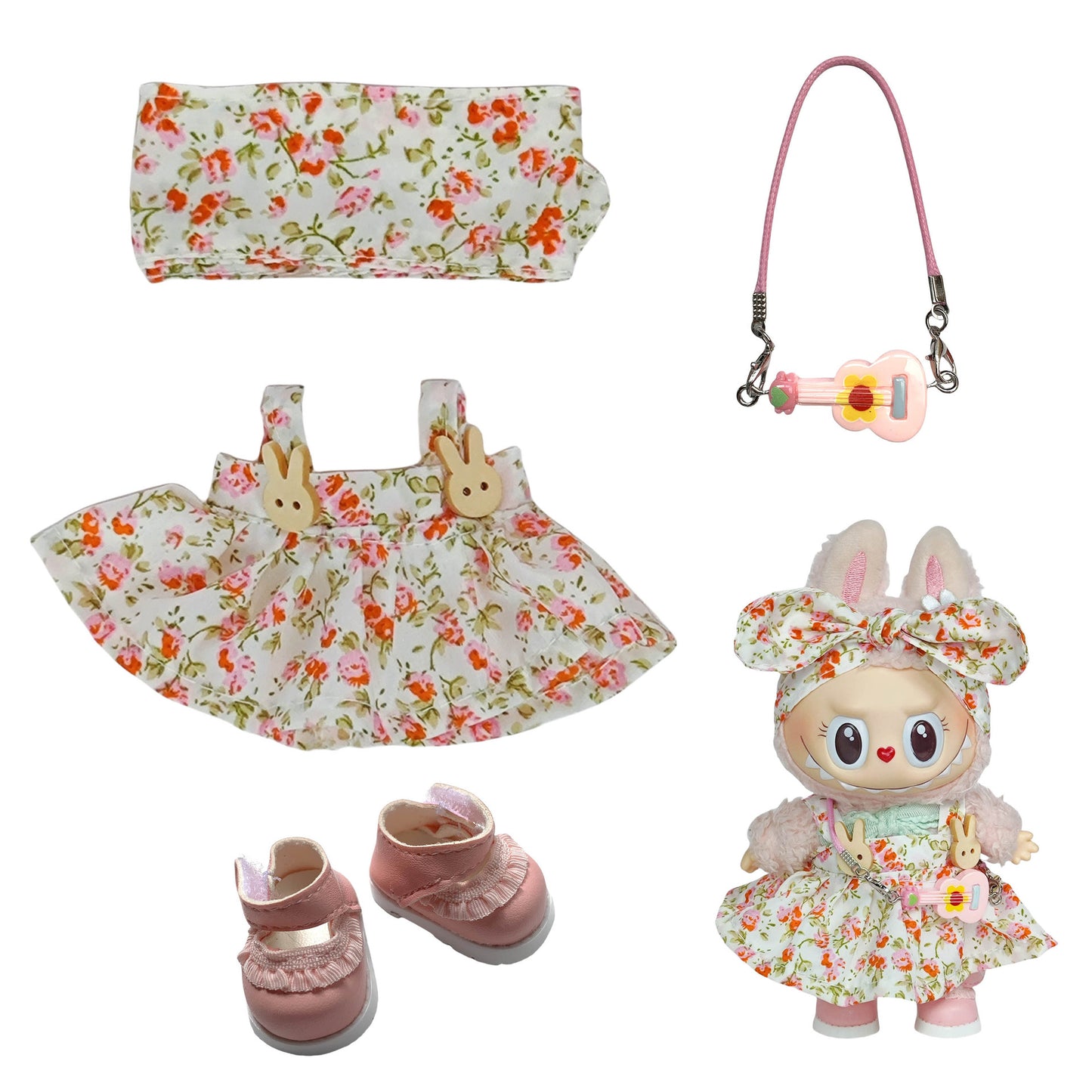 Labubu Doll Floral Skirt Outfit with Headband & Shoes for 1st/2nd Gen