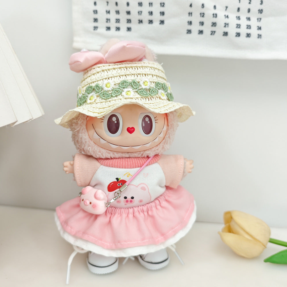 Labubu Doll Spring Outfit Set with Straw Hat & Accessories for 17cm Vinyl Doll