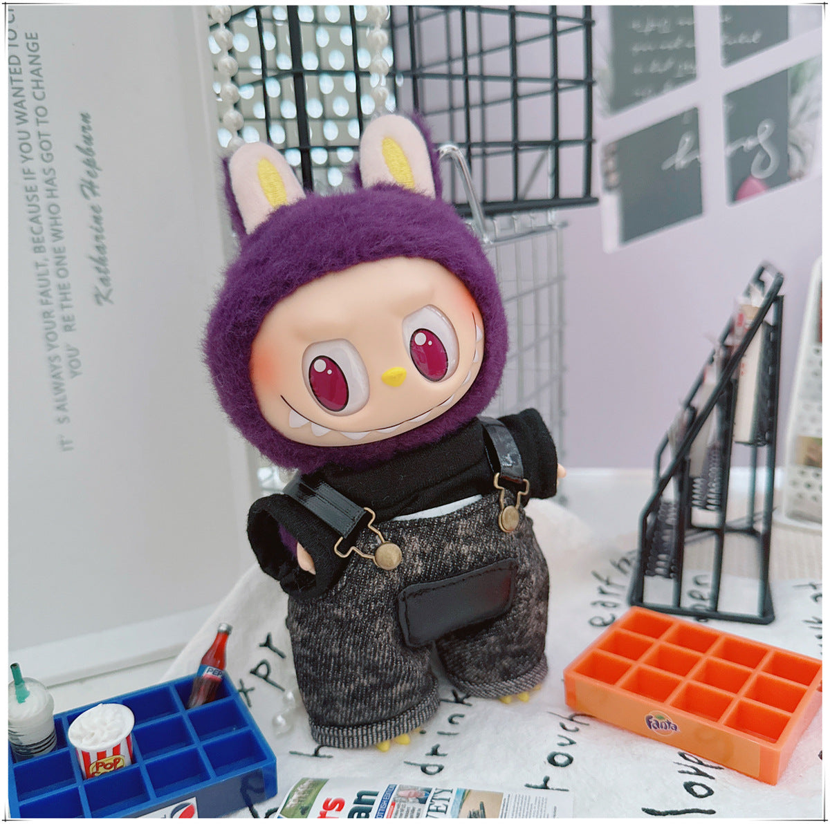 Labubu Doll Outfit - Stylish Denim Overalls & Checkered Bucket Hat for 17cm & 10cm Labubu